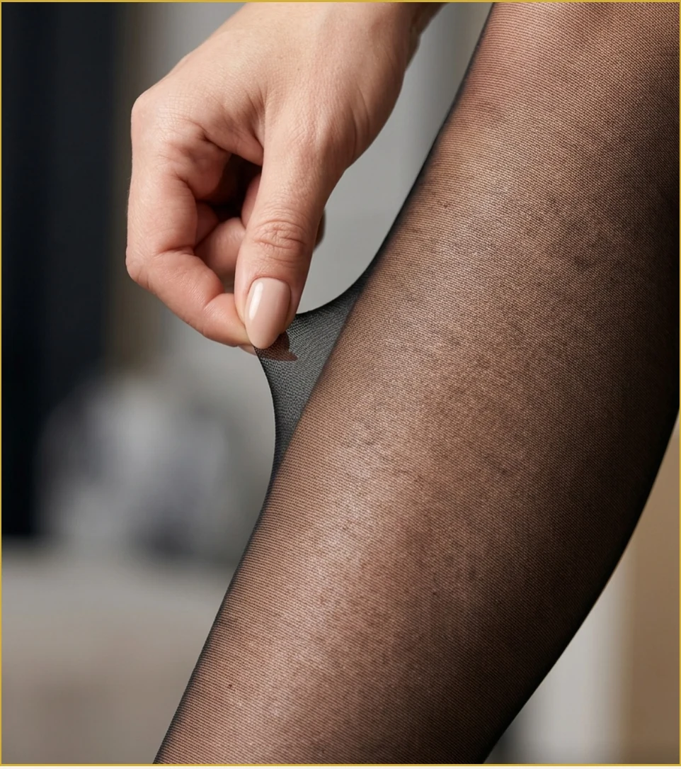 Close view of hand stretching a sheer hosiery knit