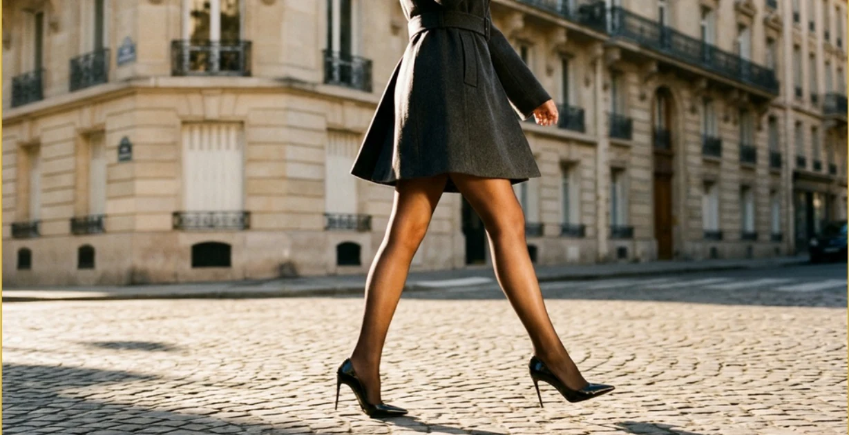 Black hosiery and a tailored skirt photographed on a city street